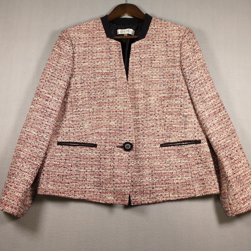 Kasper Womens SZ 16 PETITE Pink White Black Tweed One Button Blazer Jacket